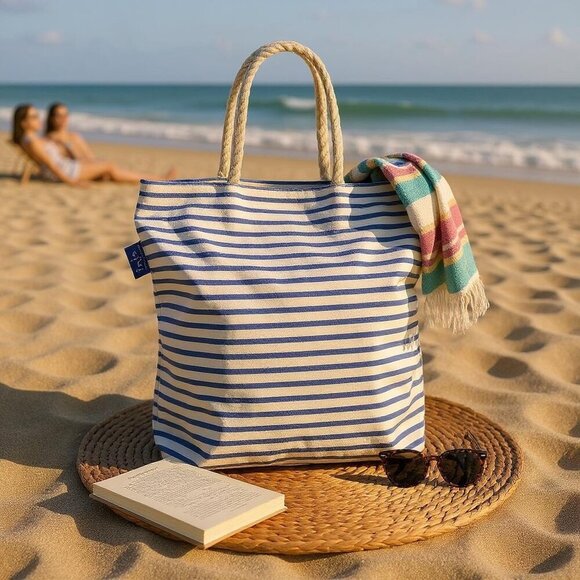 Inis Nautical Striped Canvas Tote Bag Blue White Rope Handles 15x17 - Picture 1 of 10